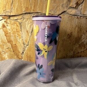Starbucks Magnolia Floral Purple Tumbler Cup with Yellow Straw (24 oz)